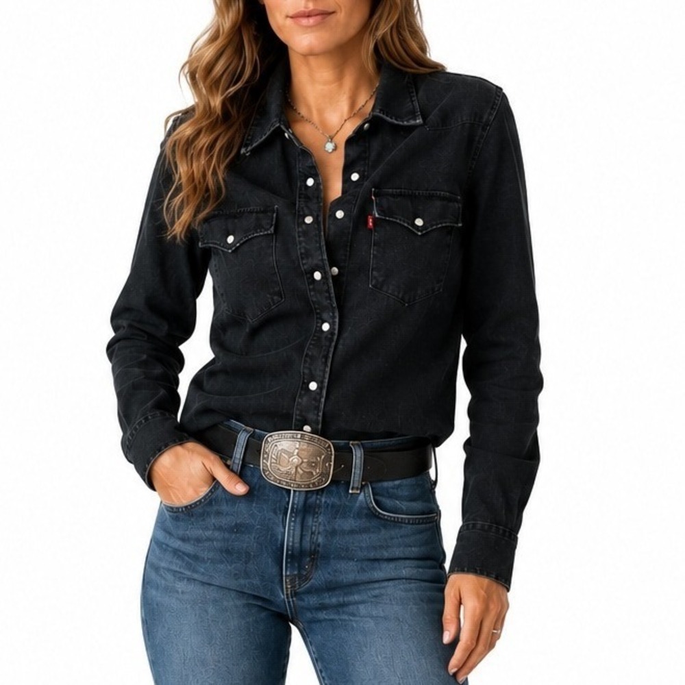 Levi Women XL Black Western Denim Shirt Long Sleeve Pearl Snap Pockets Utility